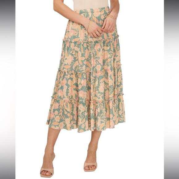 NEW 1.State Women's Floral Print Ruffle Trim Midi Skirt in Green Milieu Size 3X - Picture 1 of 12